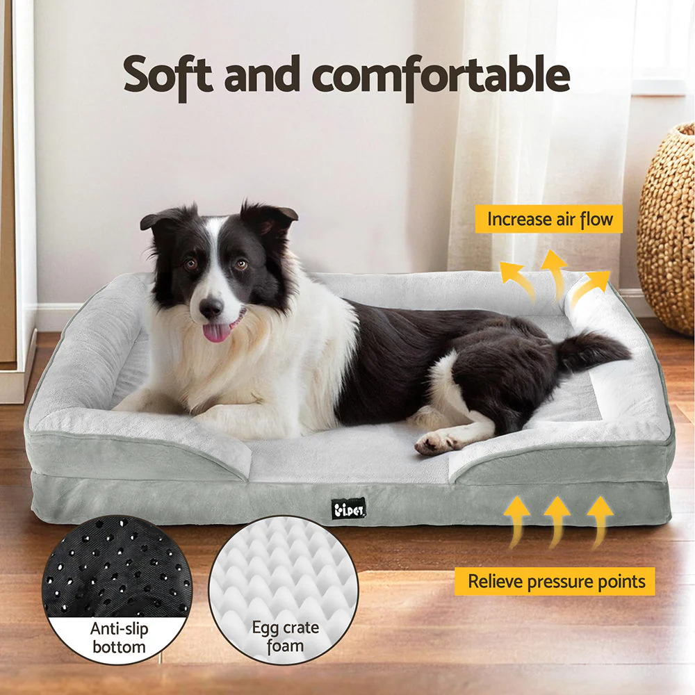 LARGE Dog Beds Pet Calming Soft Cushion Egg Crate Sofa Removable Washable - Grey - Nurns