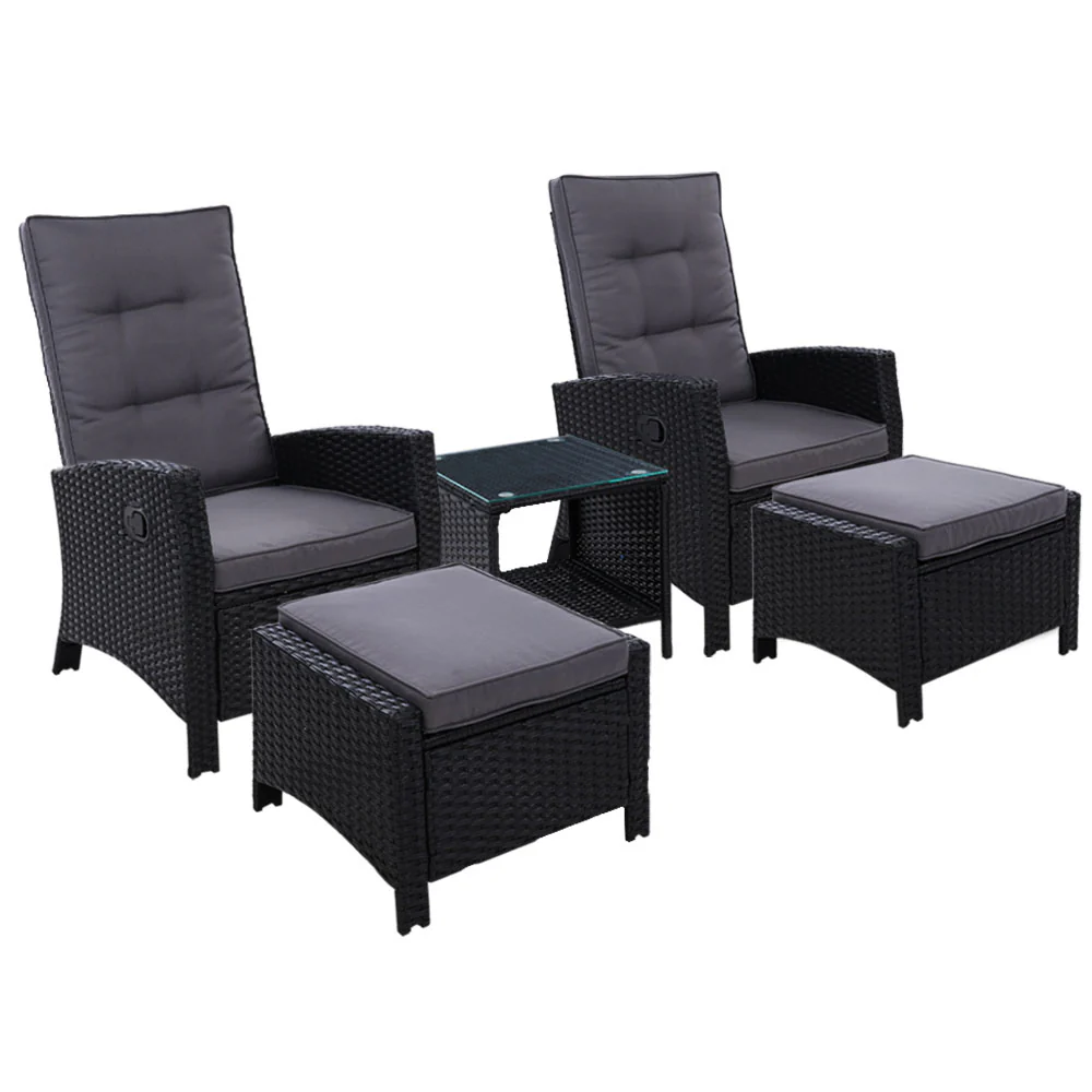 Ross 5-Piece Recliner Chair Outdoor Furniture Setting Patio Wicker Sofa Chair and Ottoman - Black - Nurns
