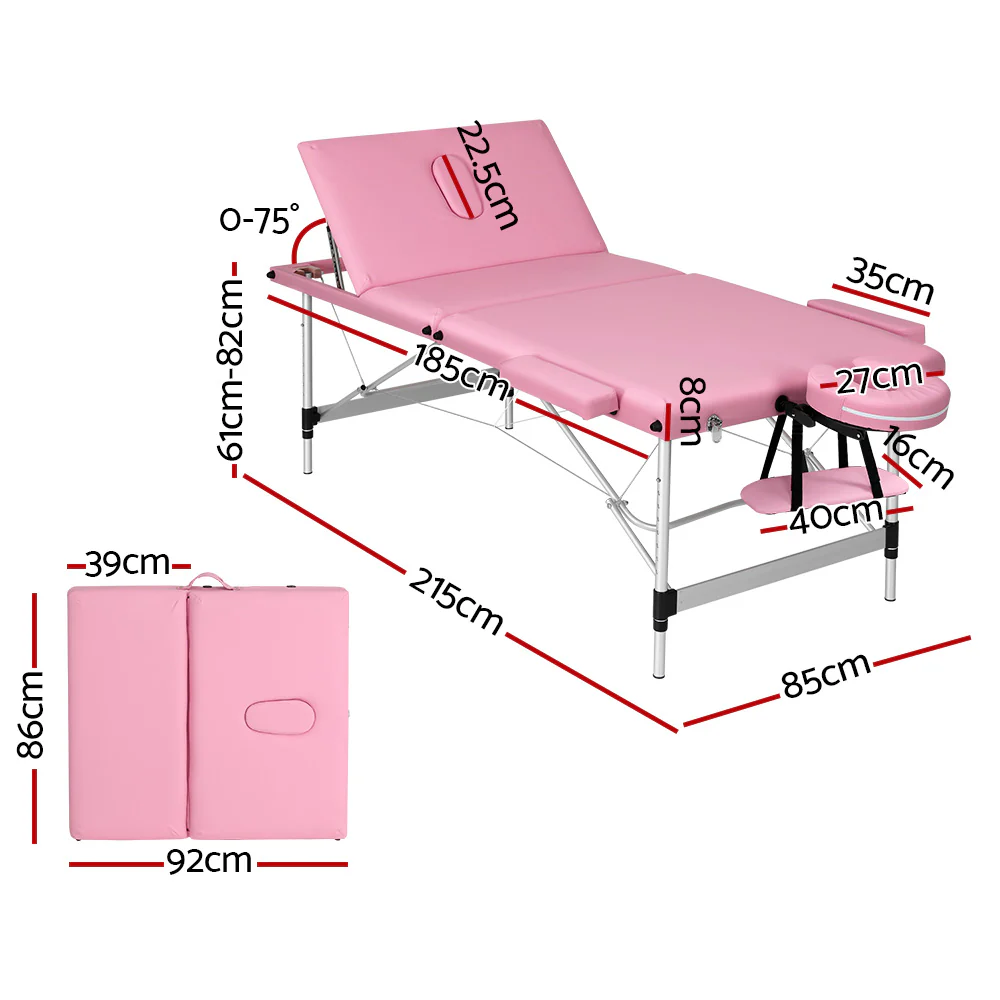 Massage Table 85cm Portable 3 Fold Aluminium Beauty Bed - Pink - Nurns