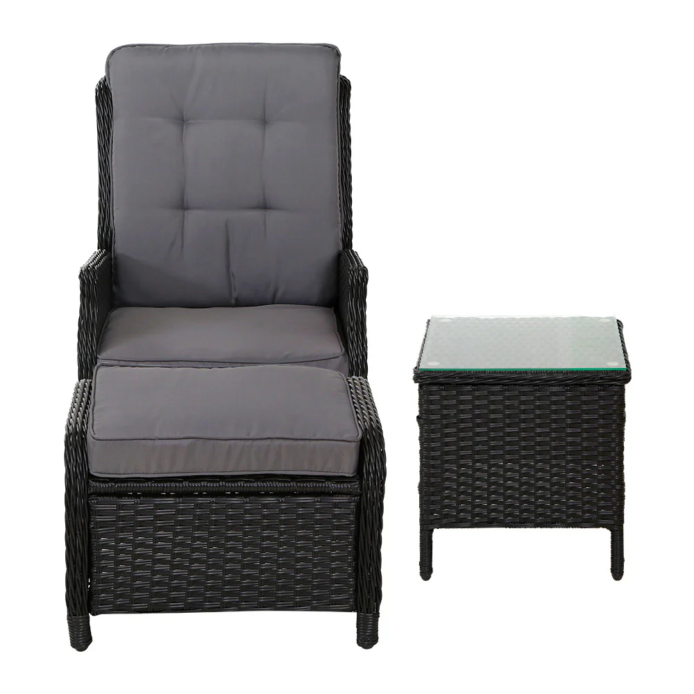 Yeovil 5-Piece Recliner Chair Outdoor Furniture Setting Patio Wicker Sofa Chair and Ottoman - Black - Nurns
