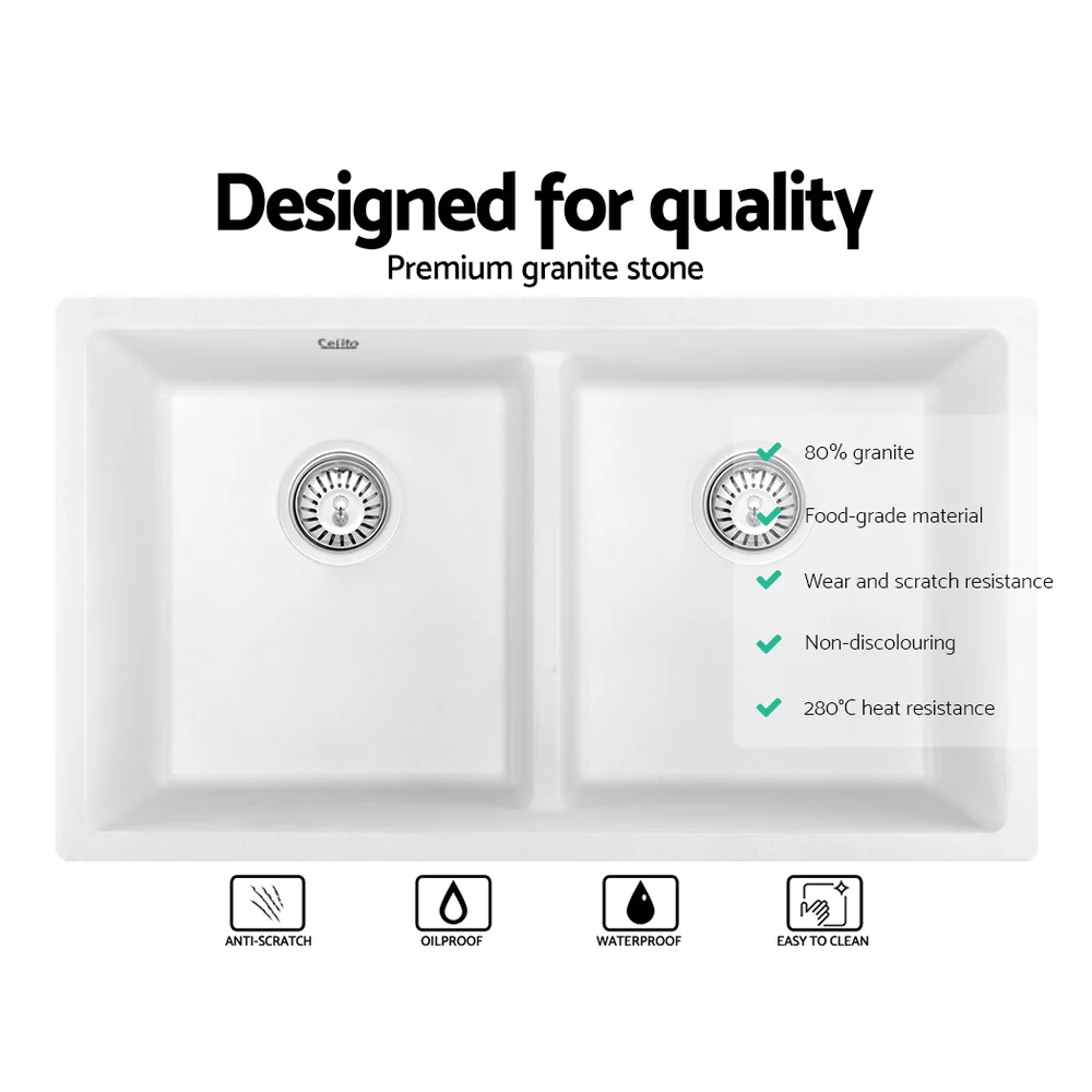Stone Kitchen Sink 790X460MM Granite Under/Topmount Basin Double Bowl White - Nurns
