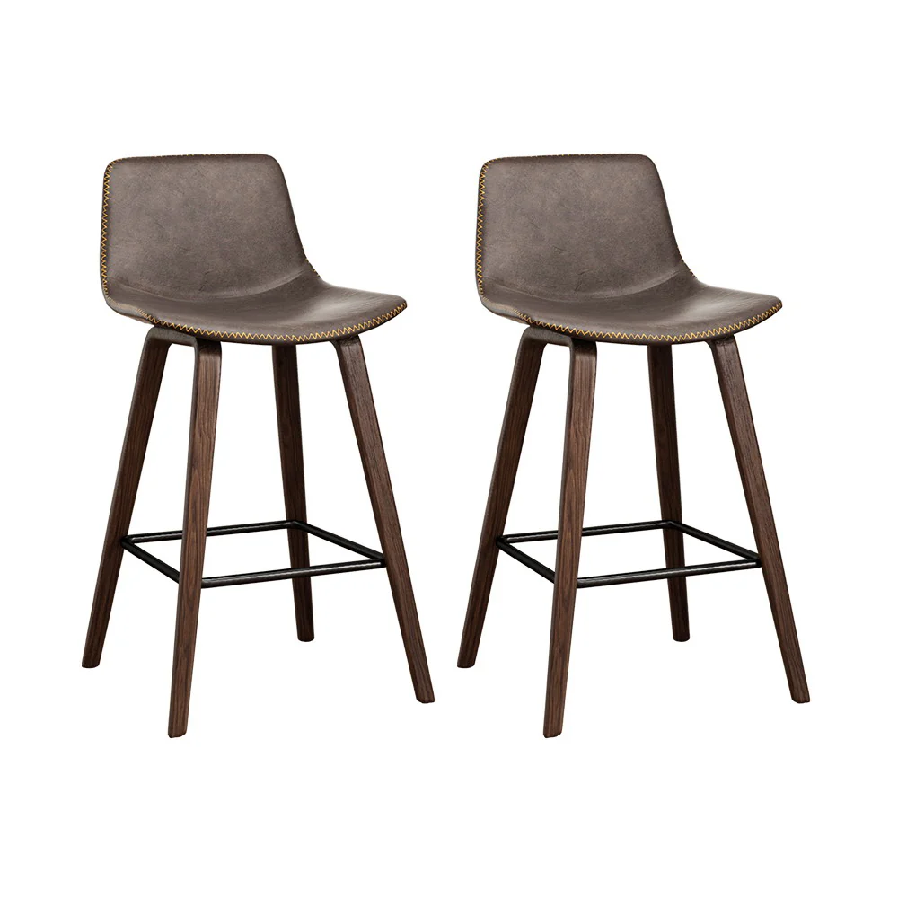 Set of 2 Lugano PU Leather Bar Stools Square Footrest - Wood & Brown - Nurns