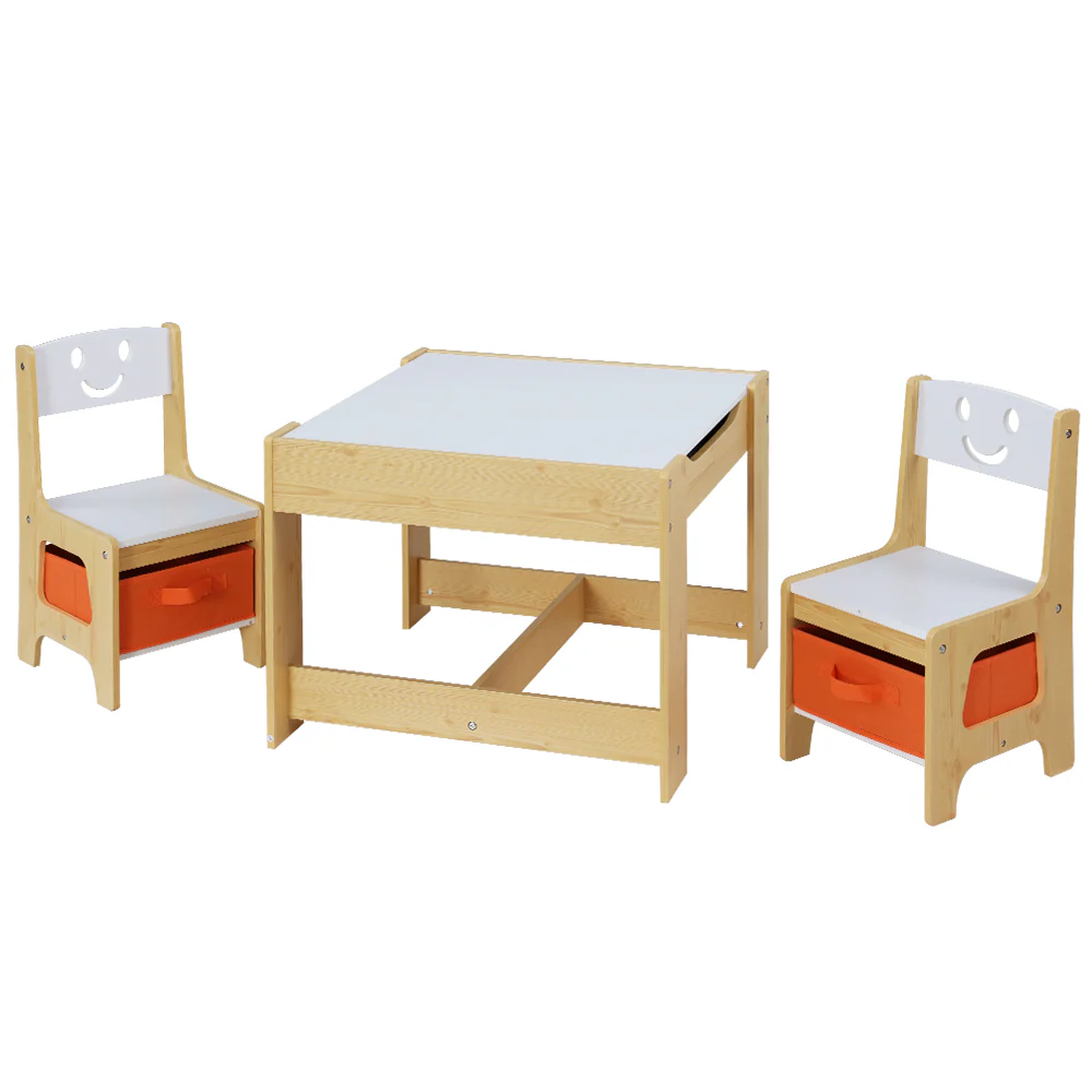 Pheby 3-Piece Kids Table & Chairs Set Activity Chalkboard Toys Storage Box Desk - White & Wood - Nurns
