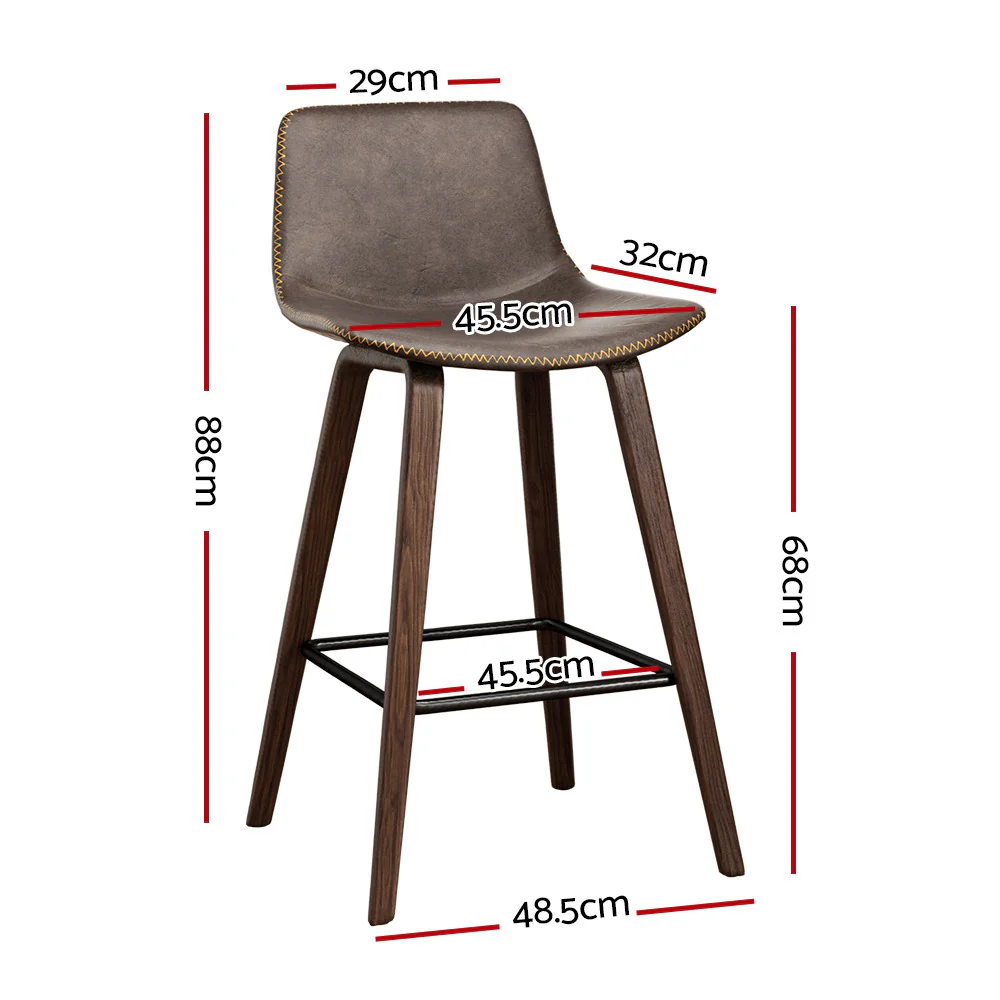 Set of 2 Lugano PU Leather Bar Stools Square Footrest - Wood & Brown - Nurns