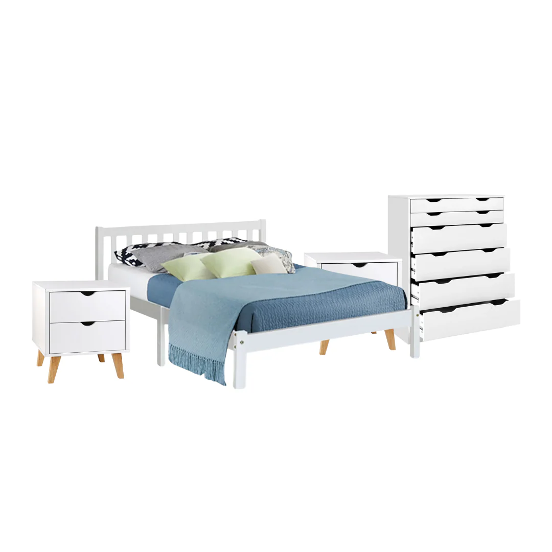 Stirling Double Bedroom Suite 5 Piece 1x Double Mattress, 1x Double Wooden Bed Frame, 2x White Wooden Bedside Tables and 1x White Tallboy - Nurns