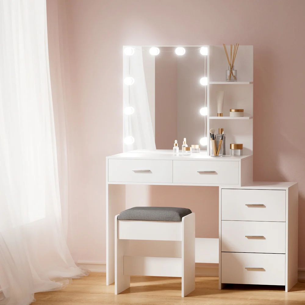 Dressing Table Set Stool 10 LED Bulbs - White - Nurns