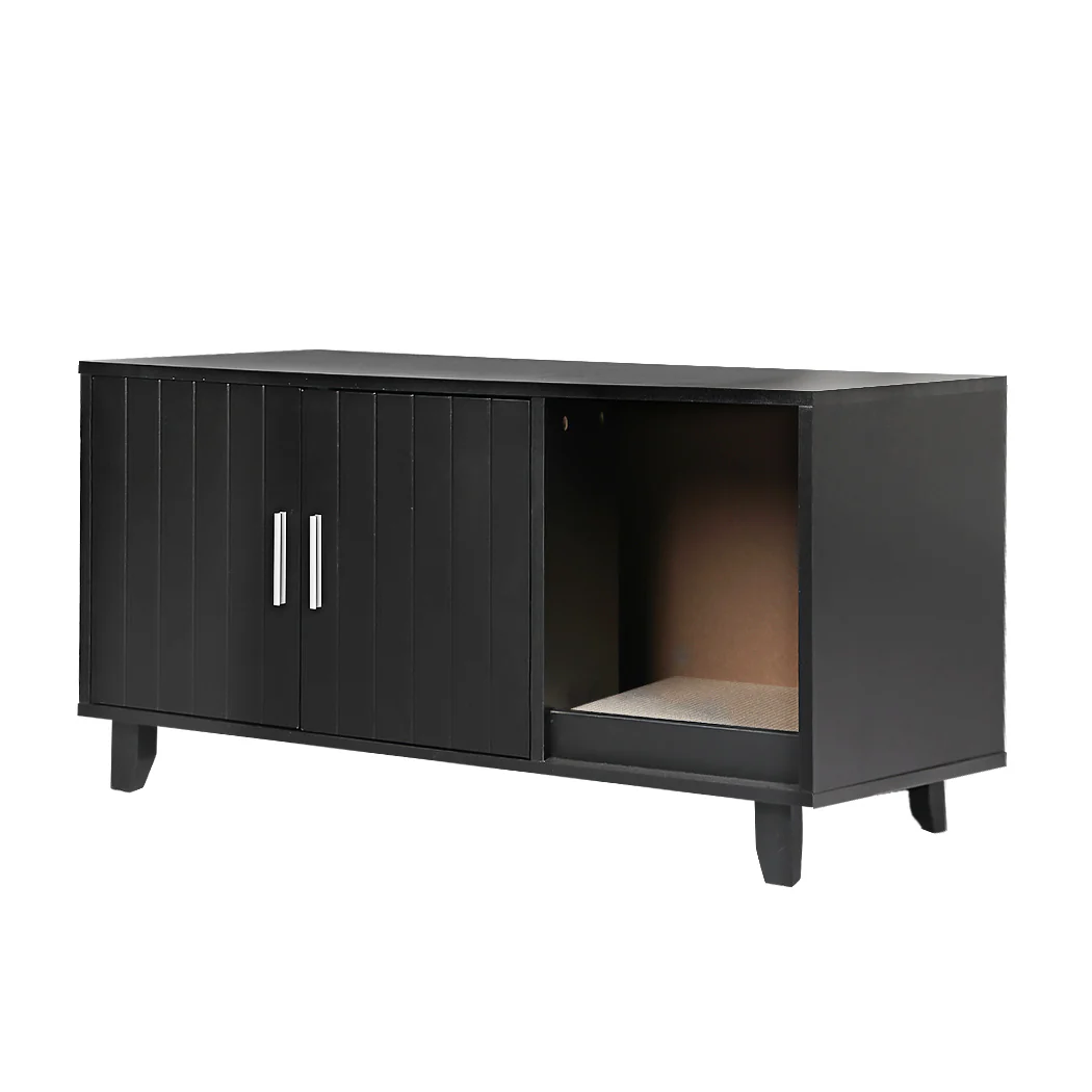 Enclosed Hooded Cat Litter Box Furniture Scratch Board Side Table- Black - Nurns