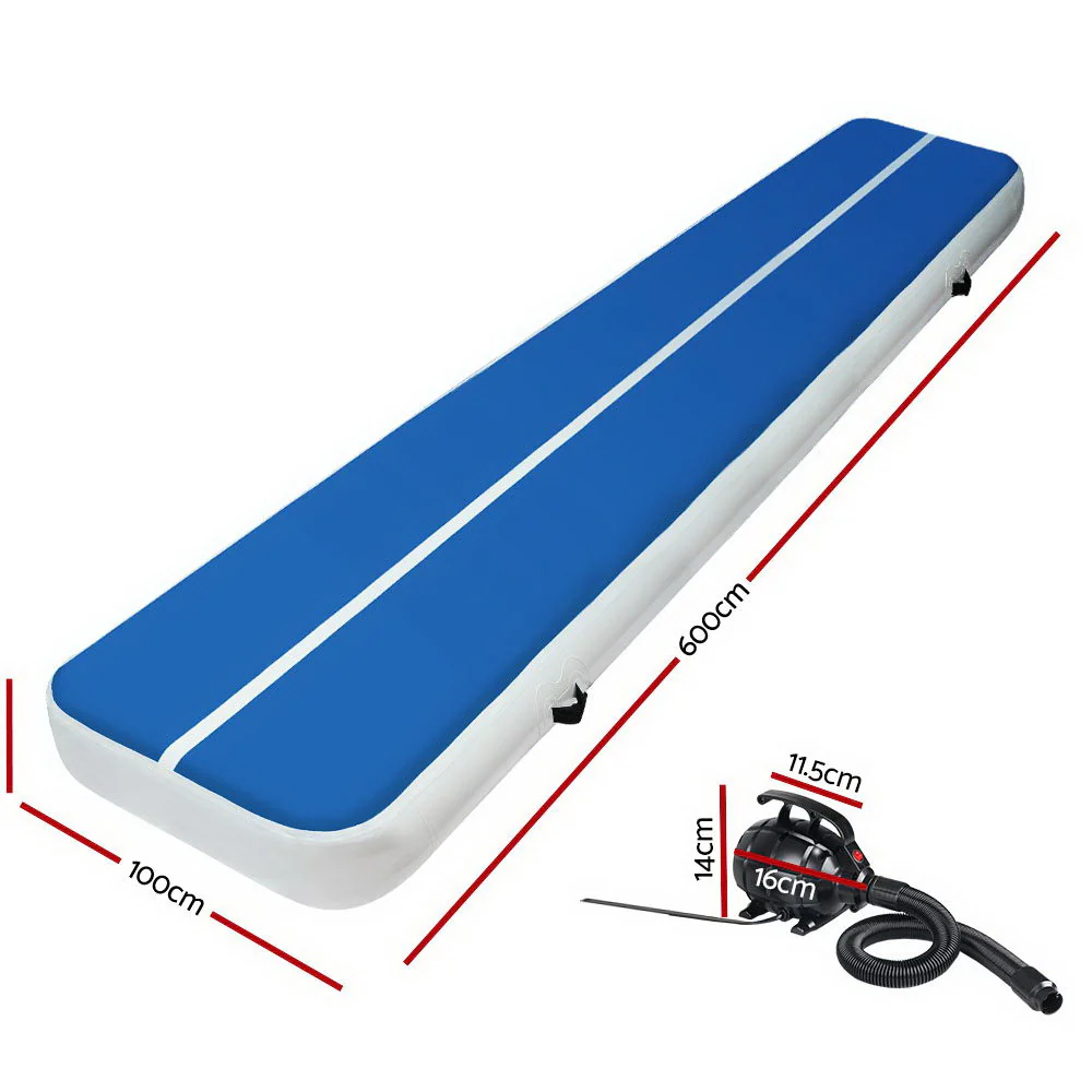 Everfit 6X1M Inflatable Air Track Mat 20CM Thick with Pump Tumbling Gymnastics Blue - Nurns