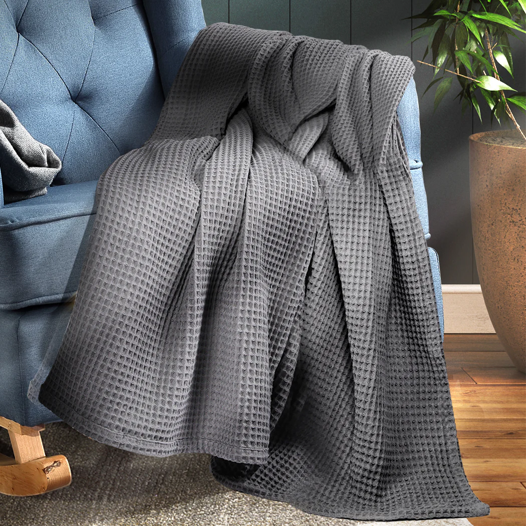 Webster Throw Soft Blanket Cotton Waffle Warm Large Sofa Bed Rugs Single - Dark Grey - Nurns