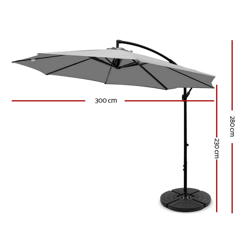 Instahut 3m Outdoor Umbrella w/Base Cantilever Beach Garden Patio Grey - Nurns