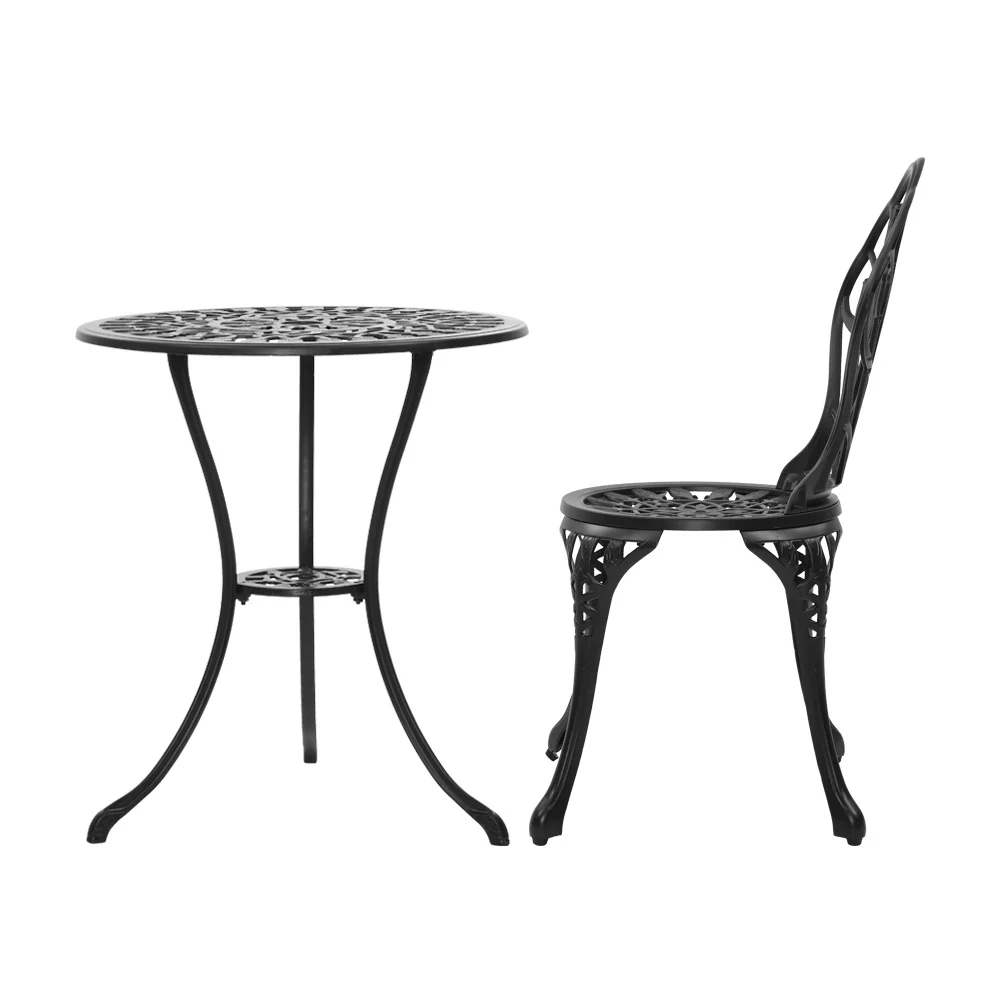 Ciaran 2-Seater Cast Aluminium Table Chair Patio 3-Piece Outdoor Setting - Black - Nurns