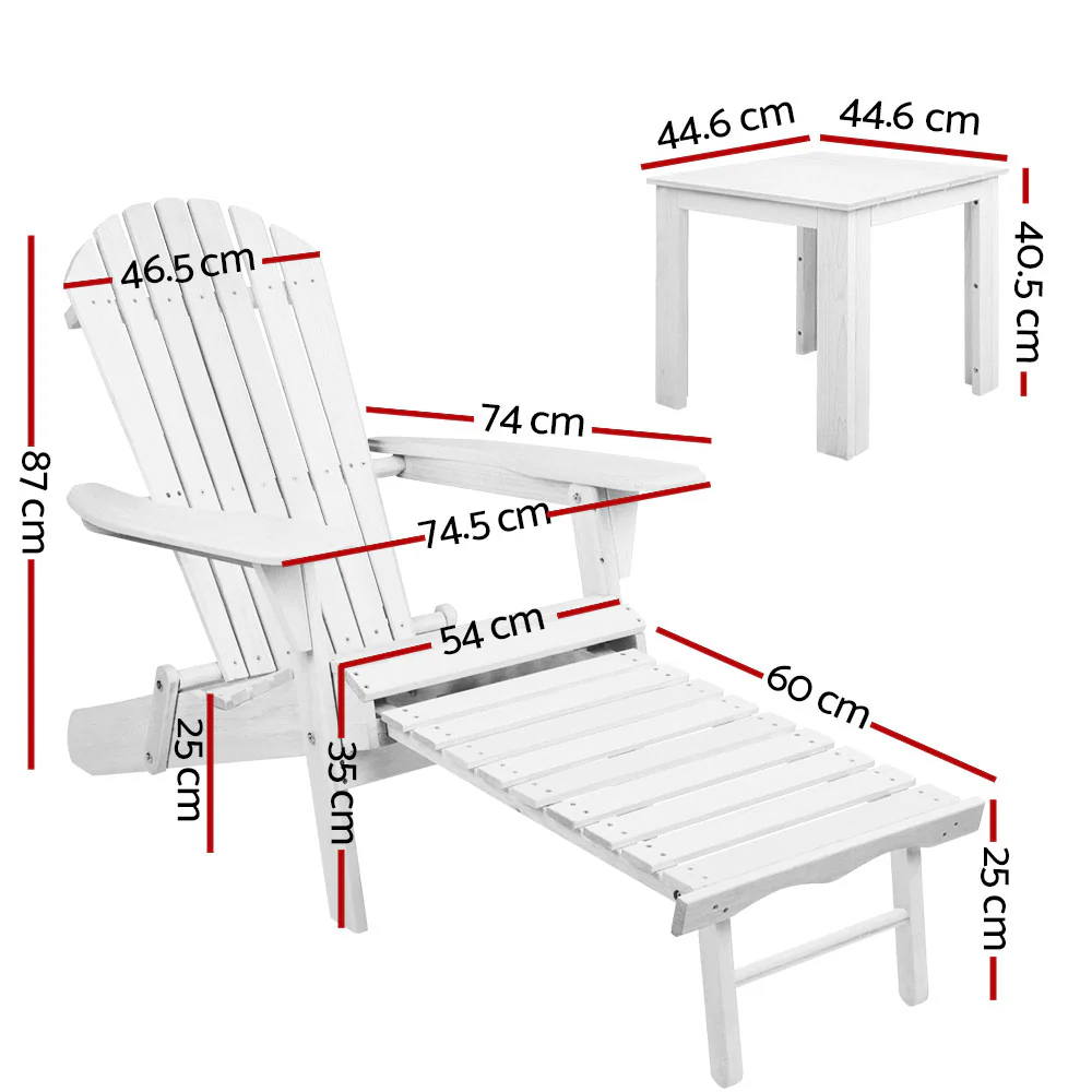 Adirondack Gardeon 3PC Outdoor Table and Chairs Wooden Sun Lounge Beach Patio - Nurns