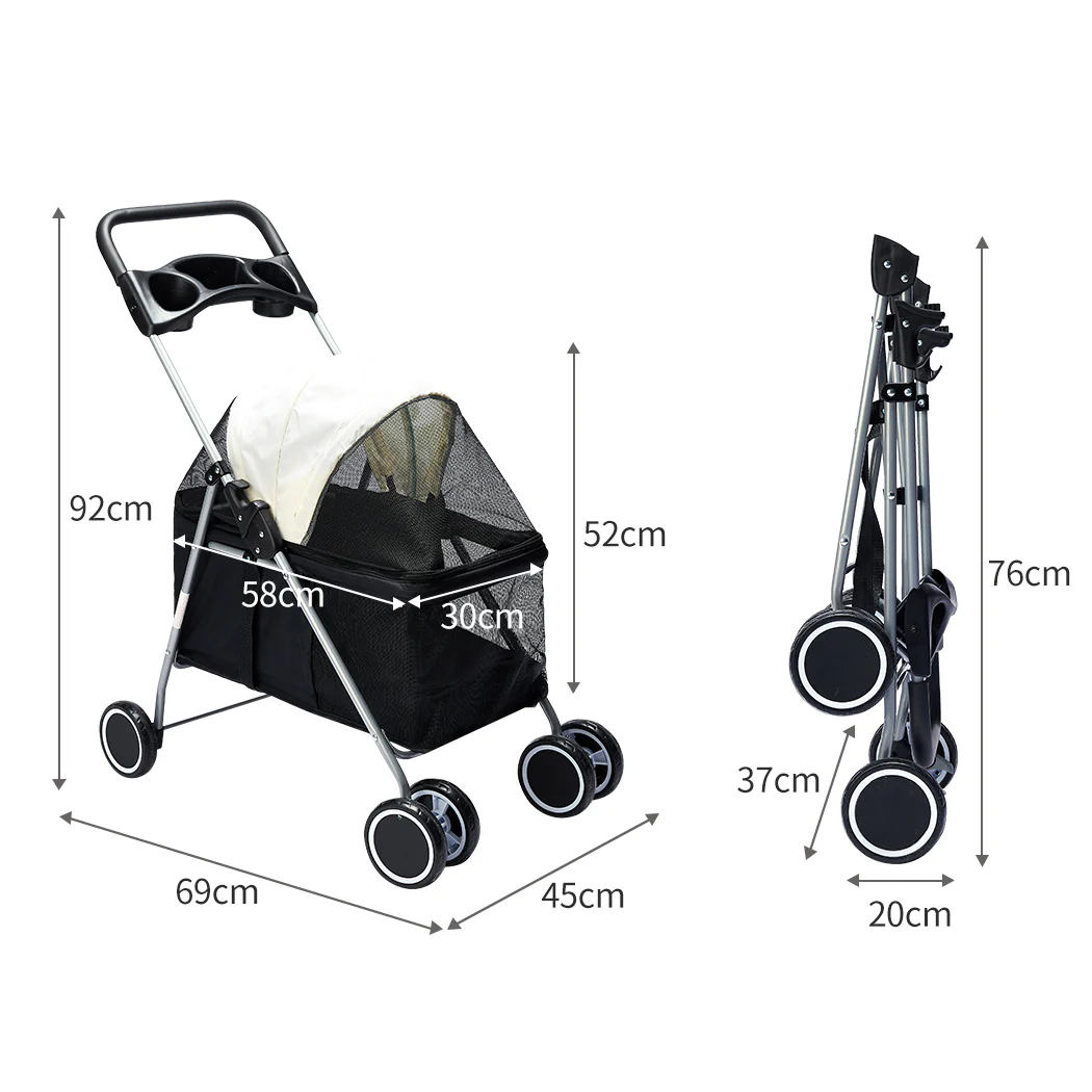 Pet Stroller Dog Cat Pram Foldable Carrier Travel 4 Wheels Pushchair Black Large - Nurns