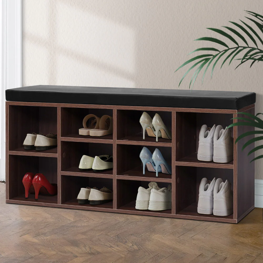 Artiss Shoe Rack Cabinet Bench 10 Cubes - Walnut - Nurns