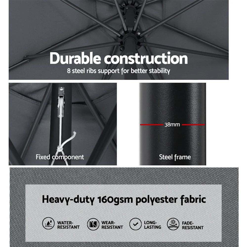 Instahut 3m Outdoor Umbrella Beach Pole Garden Patio Tilt Charcoal - Nurns