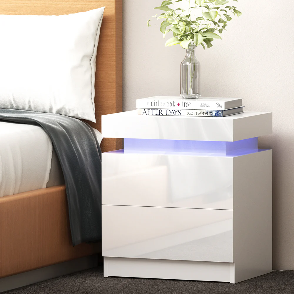 Levis LED High Gloss Bedside Tables Side Table RGB LED High Gloss Nightstand - White - Nurns