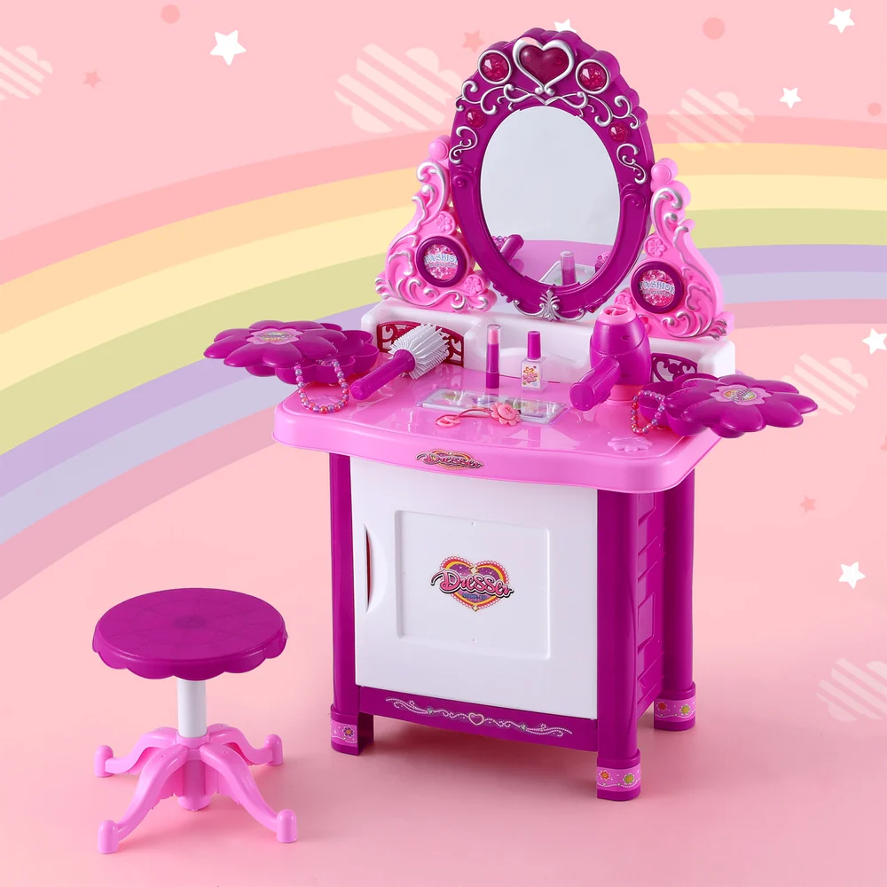 Kids Pretend Makeup Play Set Dressing Table Chair Girls Toys Children - Pink - Nurns
