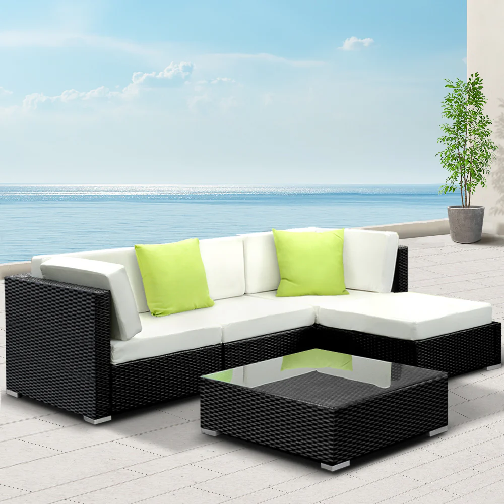 Chester 4-Seater Furniture Set Wicker Garden Patio Pool Lounge 5-Piece Outdoor Sofa - Black - Nurns