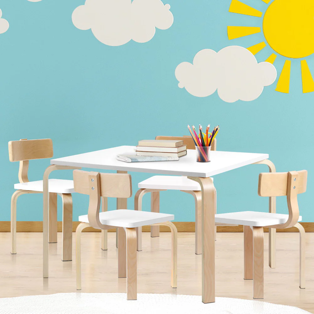 Paige 5-Piece Kids Table & Chairs Set Nordic Desk Activity Dining Study Children Modern - White & Wood - Nurns