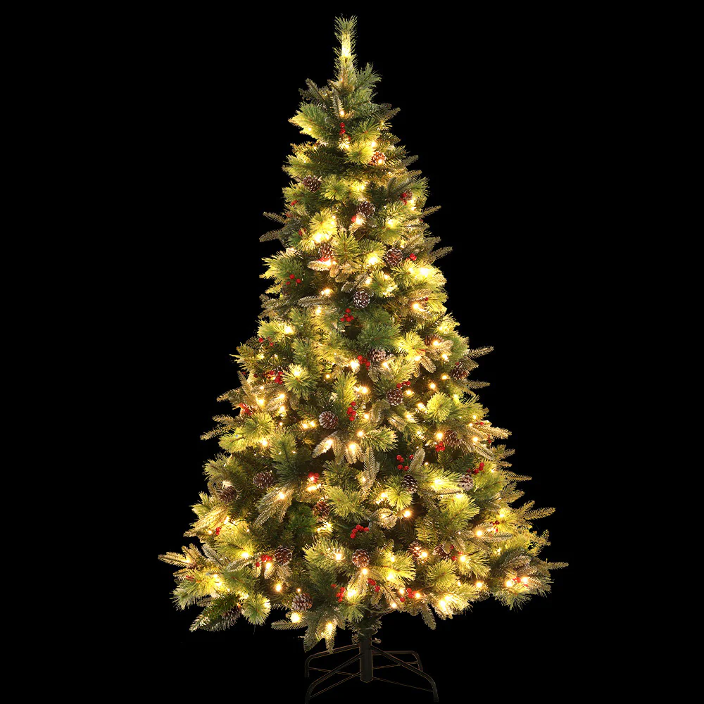 7ft 2.1m 1360 Tips Christmas Tree with Pine Cones Red Berries Prelit Warm Lights - Nurns