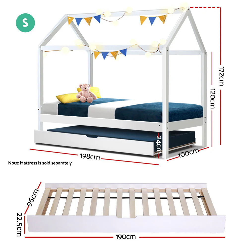 Mason Trundle Wooden House Bed Frame Pine Timber Platform - White Single - Nurns