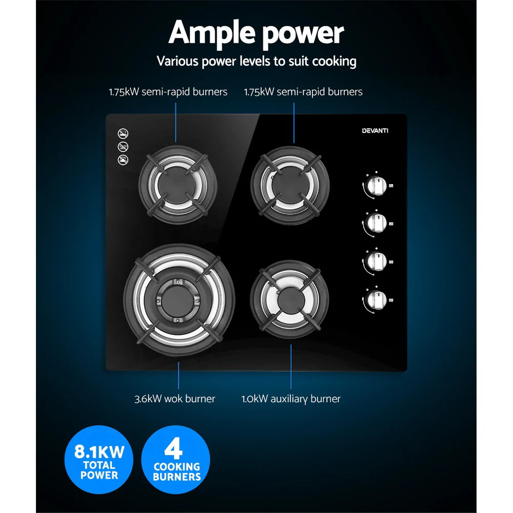 Devanti Gas Cooktop 60cm Stove Hob Black - Nurns