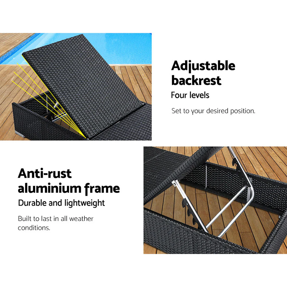 Herbert Set of 2 Outdoor Sun Lounge Wicker Chair - Black - Nurns