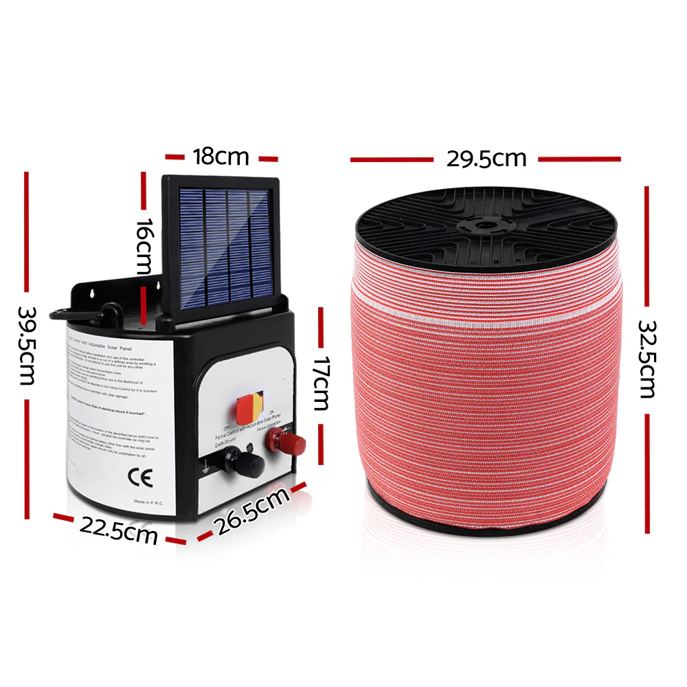 Electric Fence Energiser 8km Set Solar Powered Energizer + 2000m Tape - Nurns