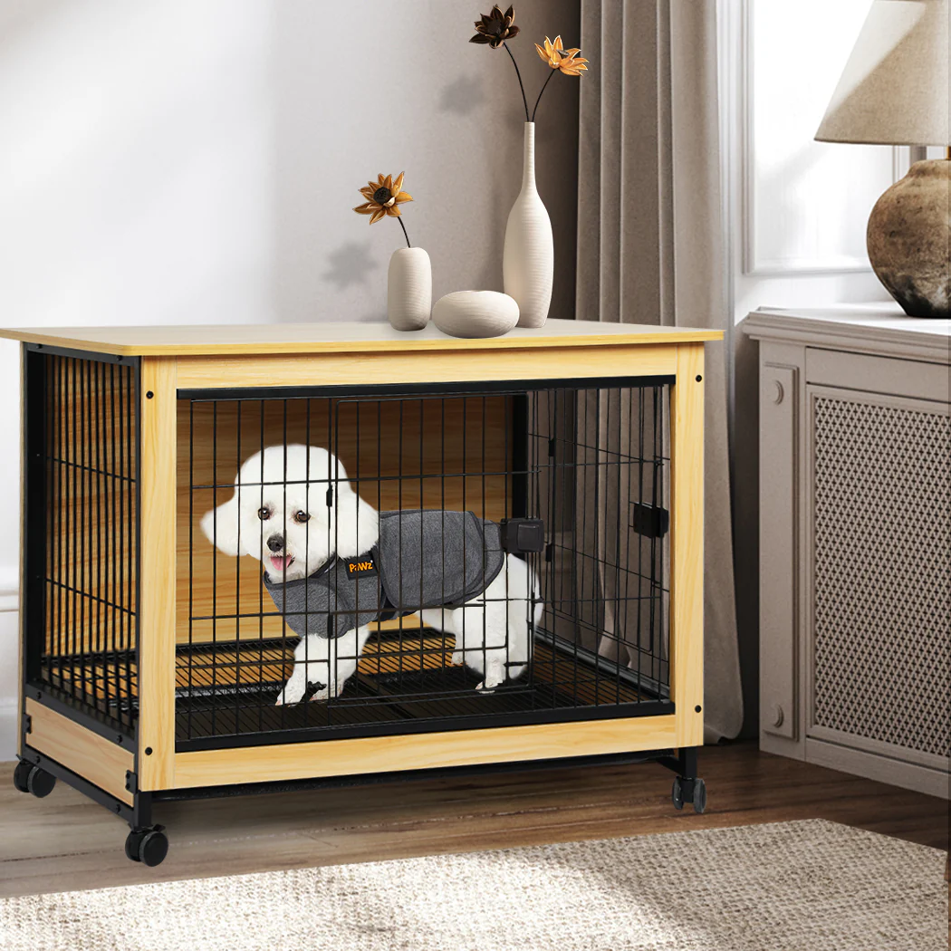 Wooden Wire Dog Kennel Side End Table Steel Puppy Crate Indoor Pet House M - Wood Medium - Nurns