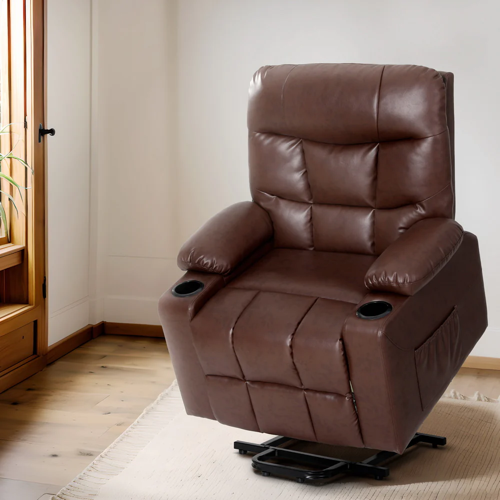 Chiron Recliner Chair Lift Assist Heated Massage Chair Leather - Brown - Nurns