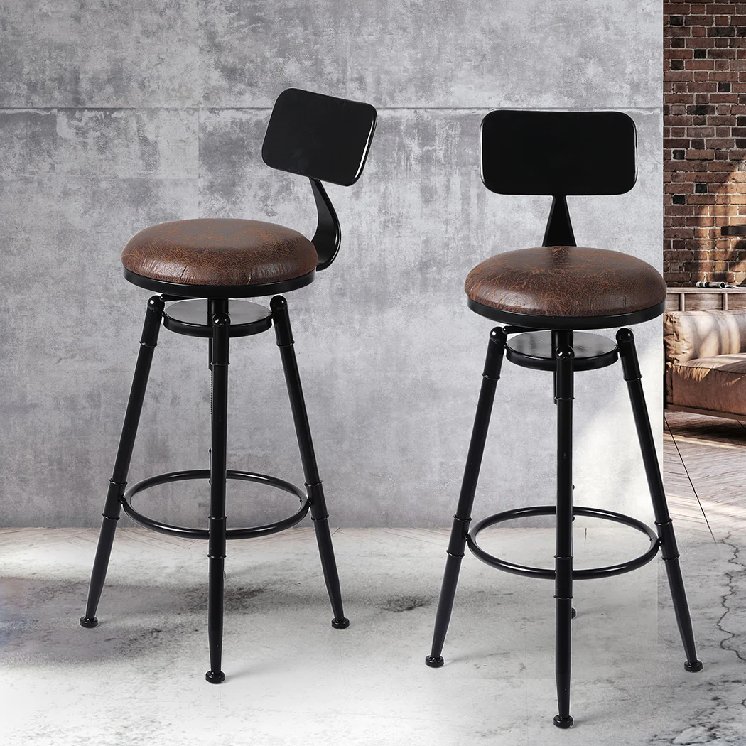 Set of 2 Chambery Industrial Bar Stools Kitchen Stool PU Leather Barstools Chairs - Black & Brown - Nurns