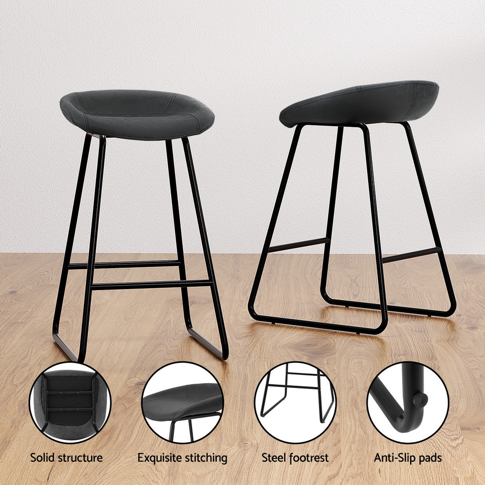 Set of 2 Caracas Bar Stools Kitchen Dining Chairs Counter Stool PU Leather Metal - Black - Nurns