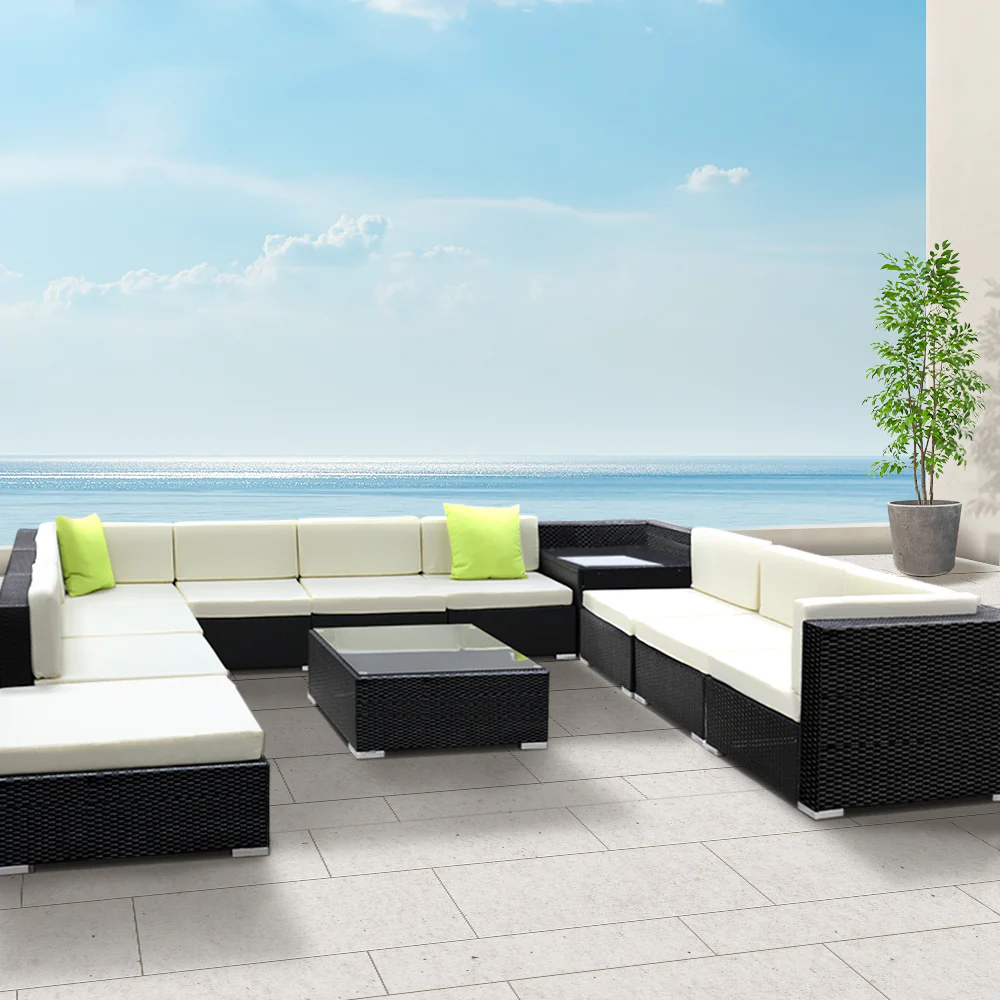 Chester 11-Seater Furniture Set Wicker Garden Patio Lounge 12-Piece Outdoor Sofa - Black - Nurns