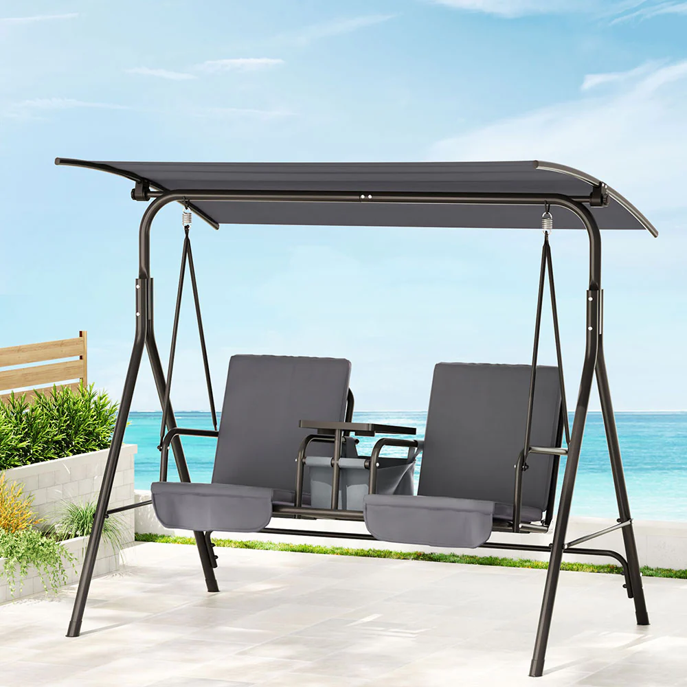 Hannah Outdoor Swing Chair Garden Chair Canopy Cup Holder 2 Seater - Grey - Nurns