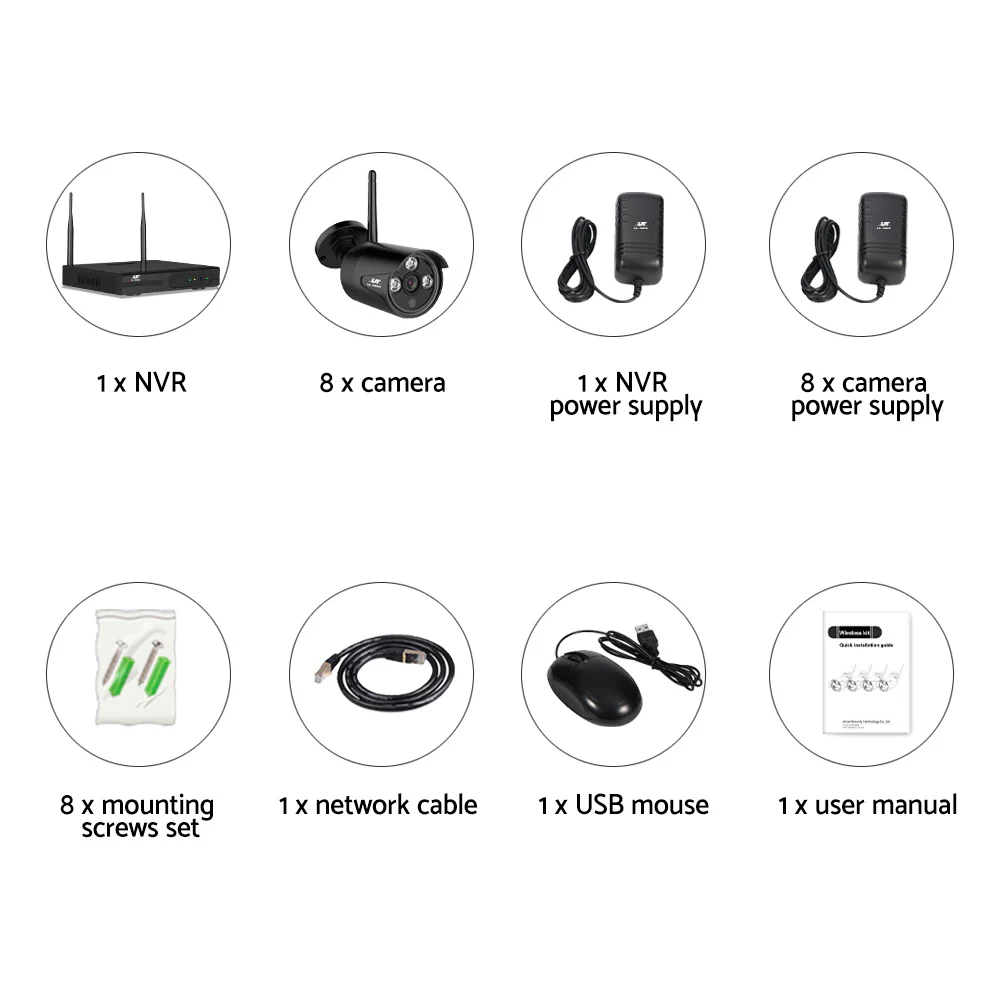 Set of 8 Wireless CCTV Security System 8CH NVR 3MP 8 Bullet Cameras - Nurns