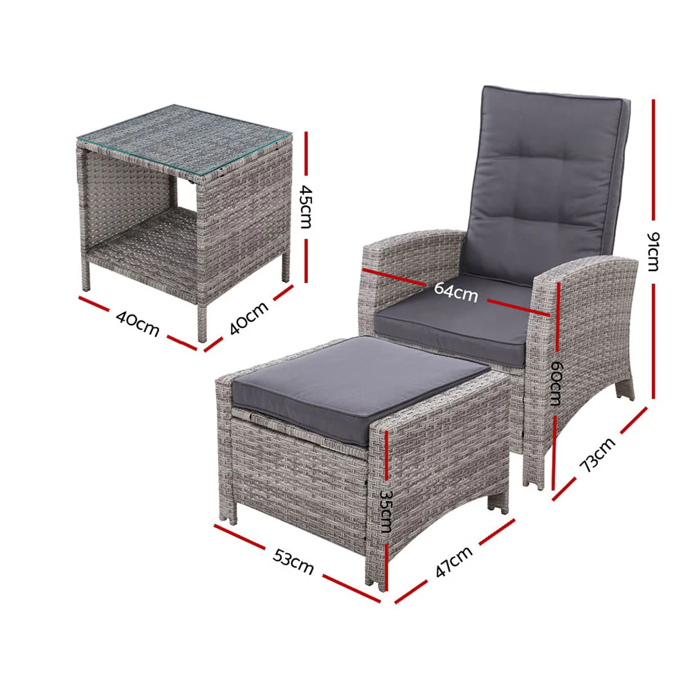 Ross 3-Piece Recliner Chair Outdoor Furniture Bistro Setting Patio Wicker Sofa Chair and Ottoman - Grey - Nurns