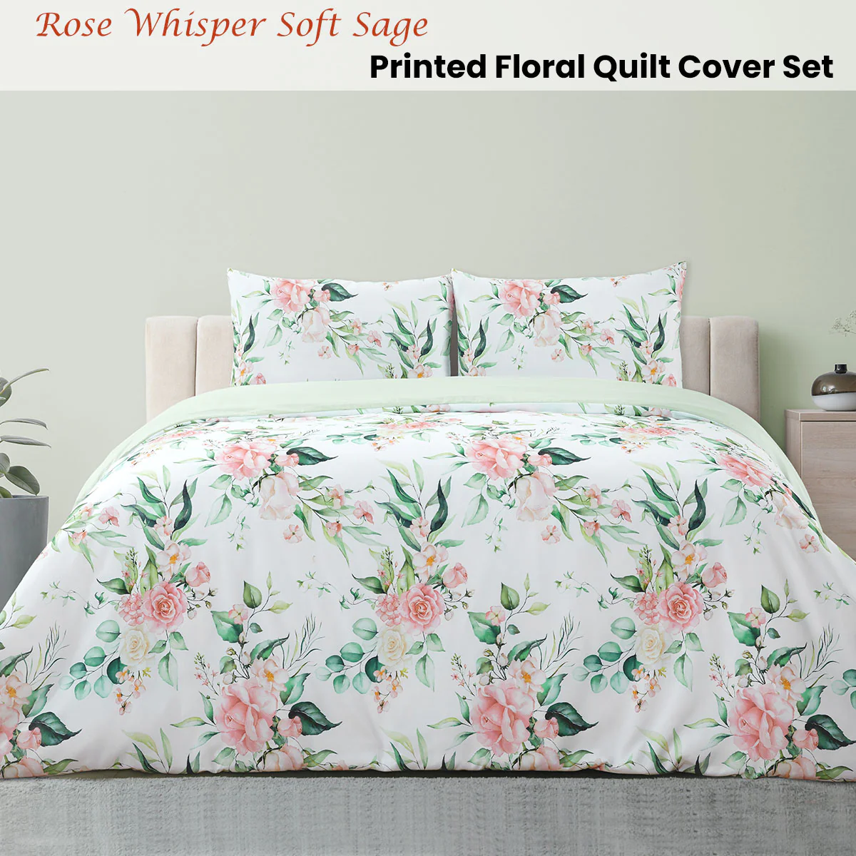 QUEEN 3-Piece Soft Sage Printed Floral Quilt Cover Set - White - Nurns