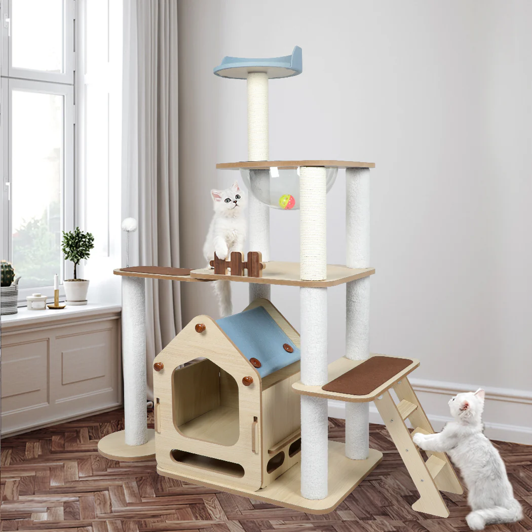 Cat Tree Scratching Post Scratcher Cats Tower Wood Condo Toys House 138cm - White - Nurns