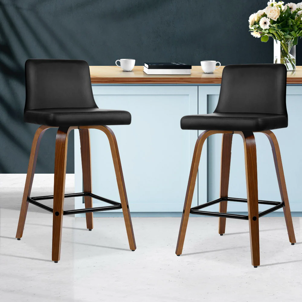 Set of 2 Florina Wooden PU Leather Bar Stool Wood Legs - Black & Brown - Nurns