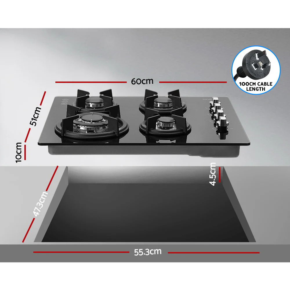 Devanti Gas Cooktop 60cm Stove Hob Black - Nurns