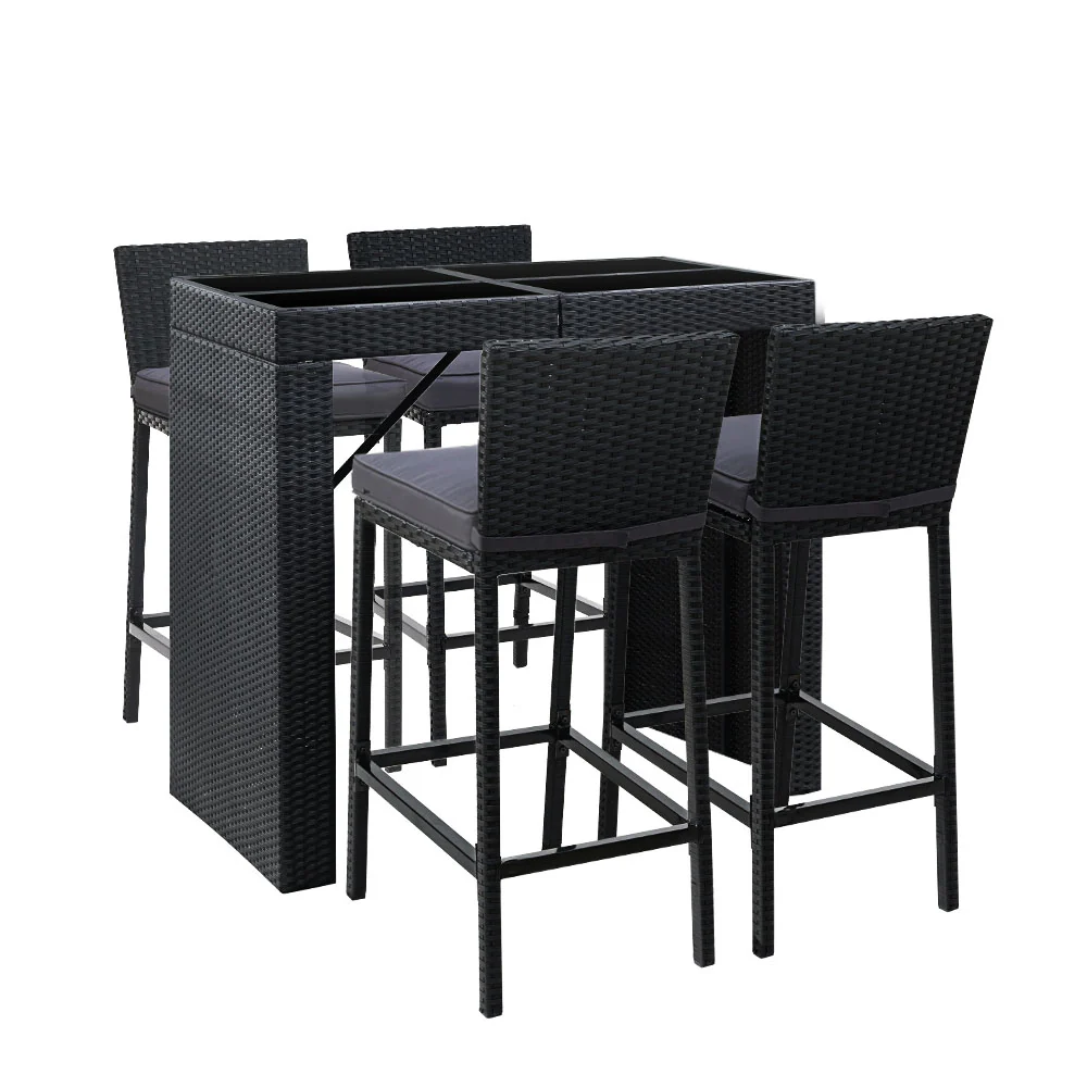 Ronan 4-Seater Stools Rattan Patio Furniture 5-Piece Outdoor Table And Chair Set - Black - Nurns
