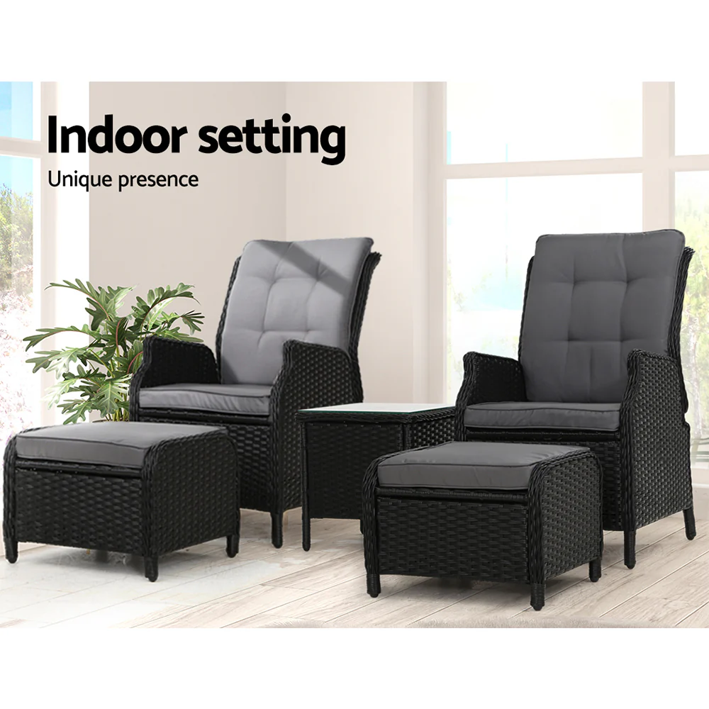 Yeovil 5-Piece Recliner Chair Outdoor Furniture Setting Patio Wicker Sofa Chair and Ottoman - Black - Nurns