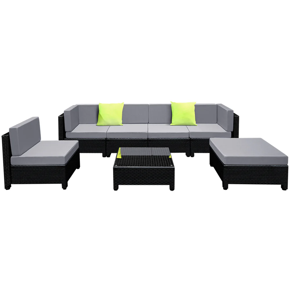 Homer 6-Seater Outdoor Set Furniture Lounge Setting Wicker Couches Garden Patio Pool 7-Piece Sofa - Black - Nurns