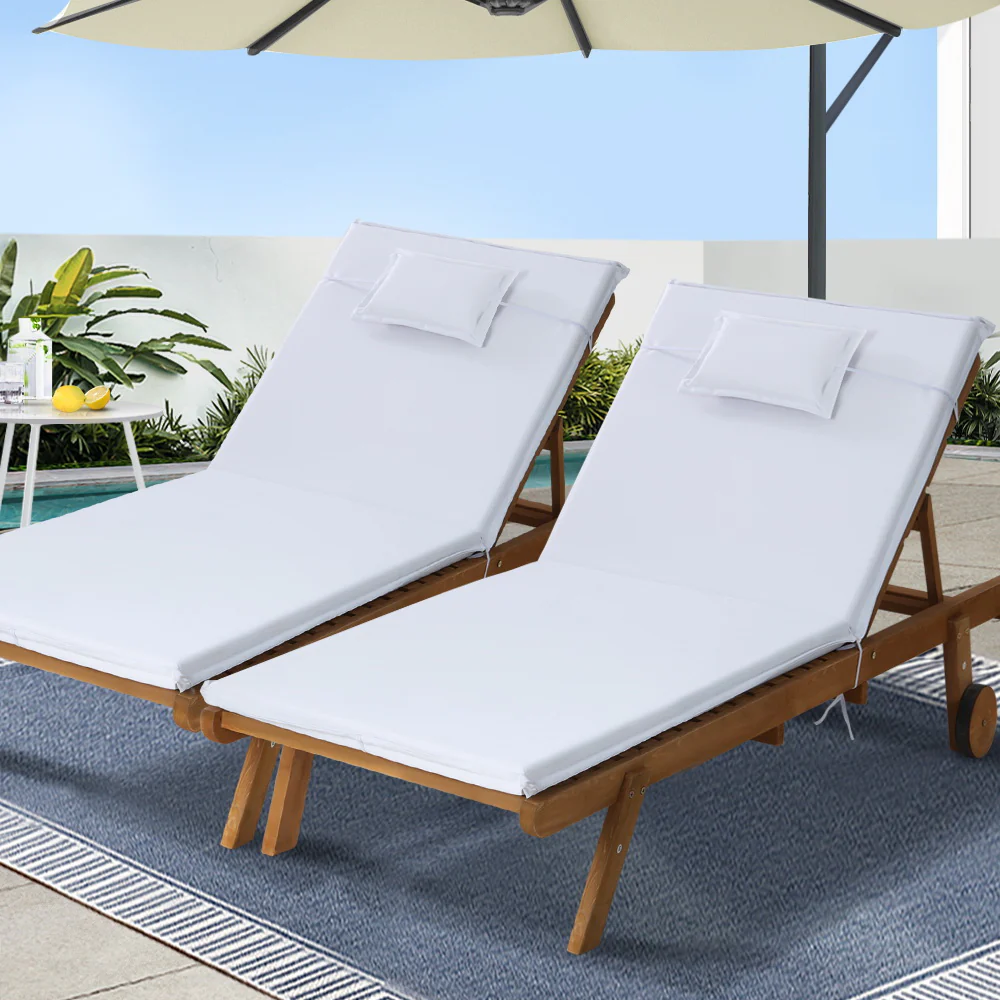 Manchester Set of 2 Outdoor Sun Lounger Wooden Lounge Day Bed Patio Outdoor Setting Furniture with Wheels - White - Nurns