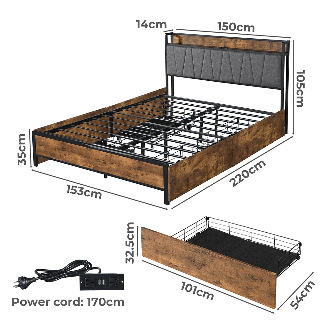 Eras Bed Frame Soft Storage Drawers Headboard USB Charge - Wood & Black Queen - Nurns