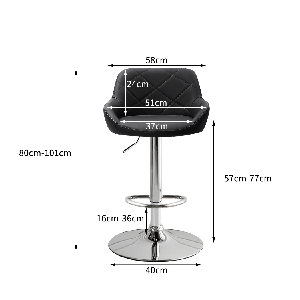 Set of 2 Tours Bar Stools Kitchen Barstools PU Leather Chairs Gas Lift Swivel - Black - Nurns