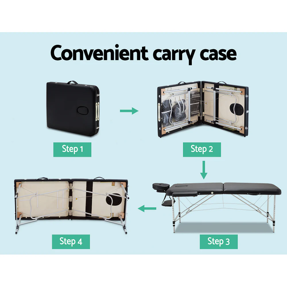 Massage Table 55cm 2 Fold Aluminium Massage Bed Portable Beauty Therapy Black - Nurns