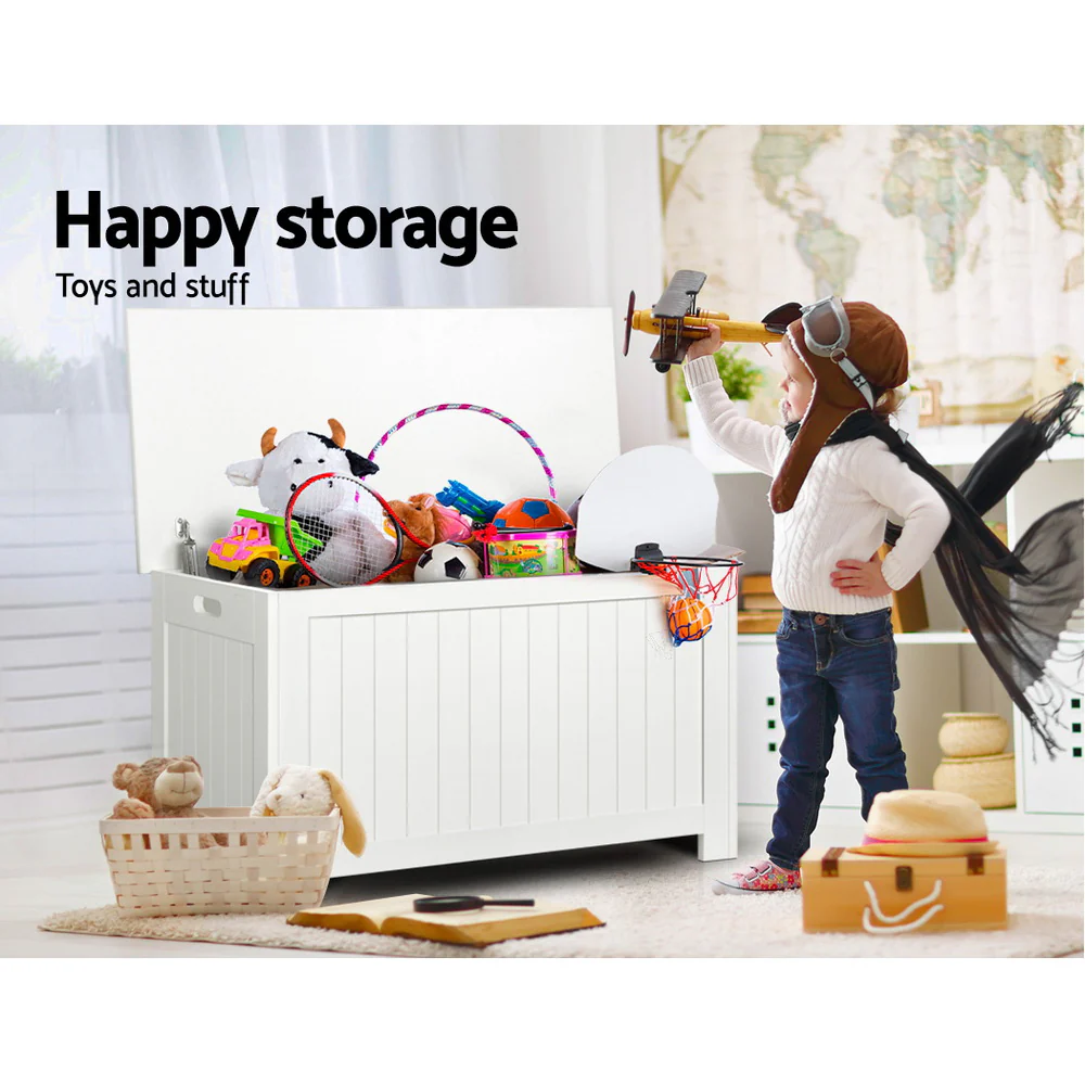 Kids Wooden Toy Chest Storage Blanket Box White Children Room Organiser - Nurns