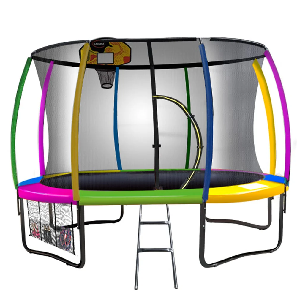 Kahuna Trampoline for Kids 12FT Outdoor Children with Safety Enclosure Pad Mat Ladder Basketball Hoop Set - Rainbow - Nurns