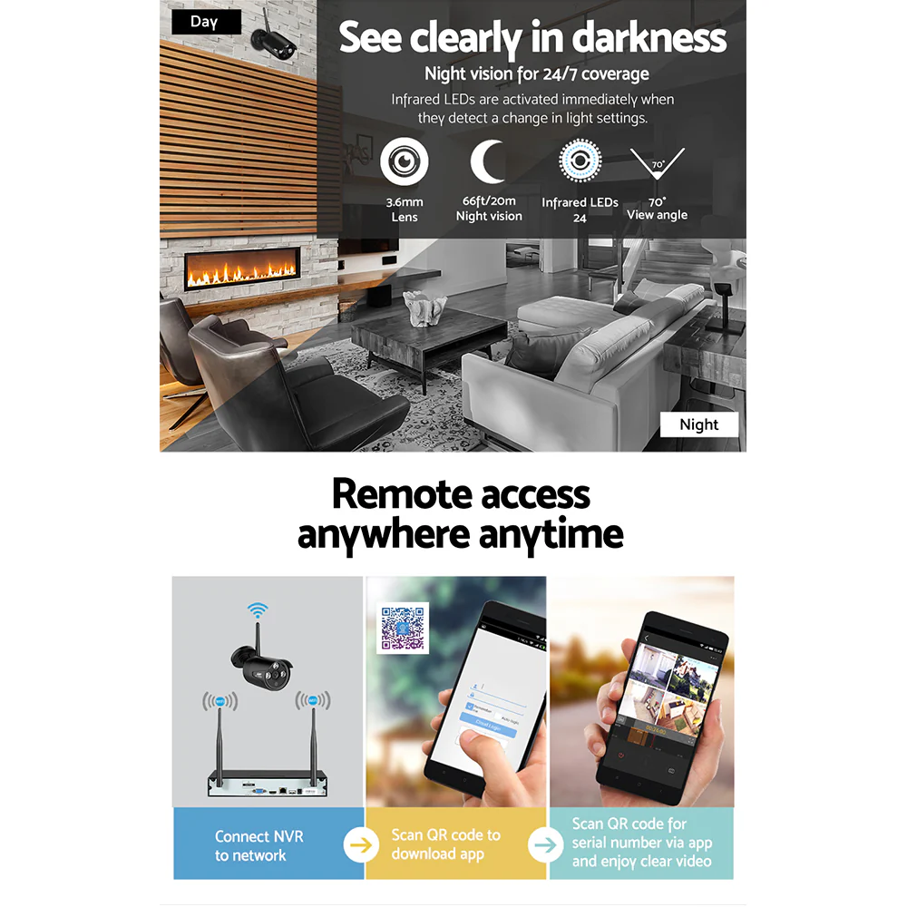 Wireless CCTV Security System 8CH NVR 3MP 4 Bullet Cameras 1TB - Nurns